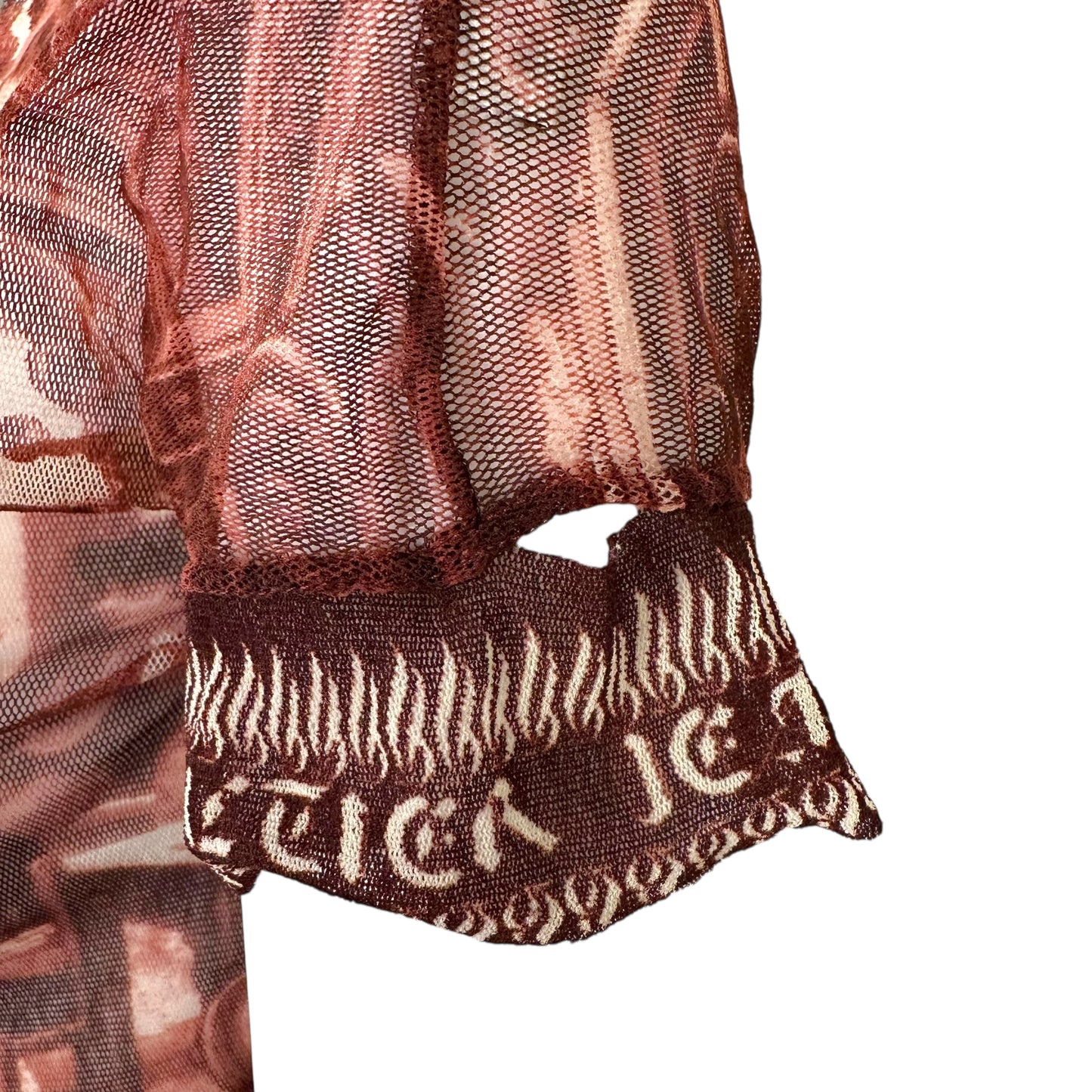 Jean Paul Gaultier Burgundy Old English Print Mesh T-Shirt