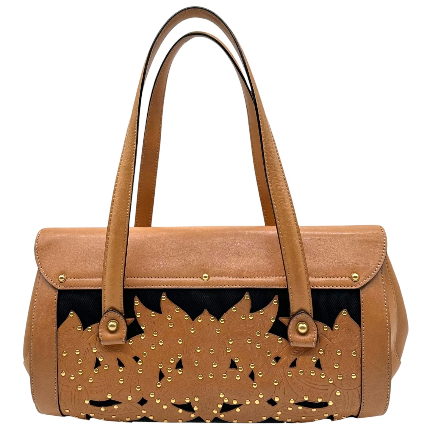 Gucci Tan Leather & Black Canvas Studded Bamboo Bullet Bag