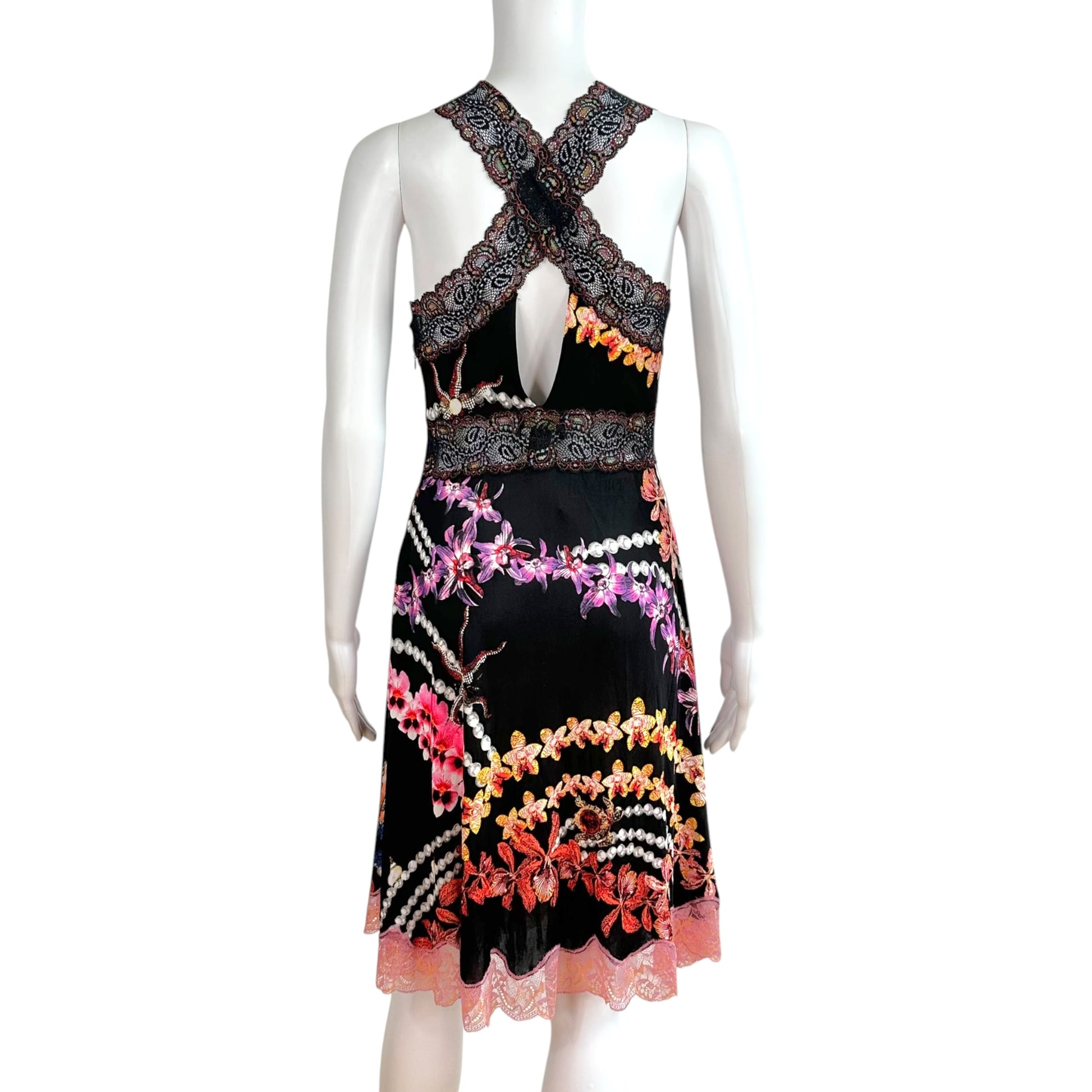 Roberto Cavalli Black Pink Floral Lace Trim Midi Dress