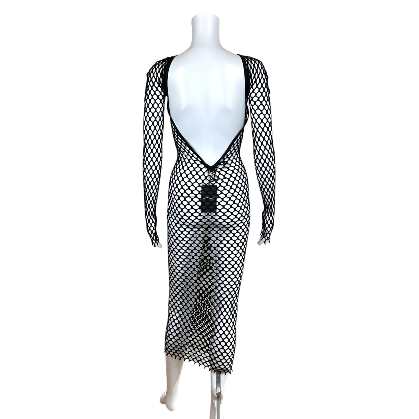 Roberto Cavalli Black Fishnet Long Sleeve Open Back Maxi Dress Cover-Up NEW
