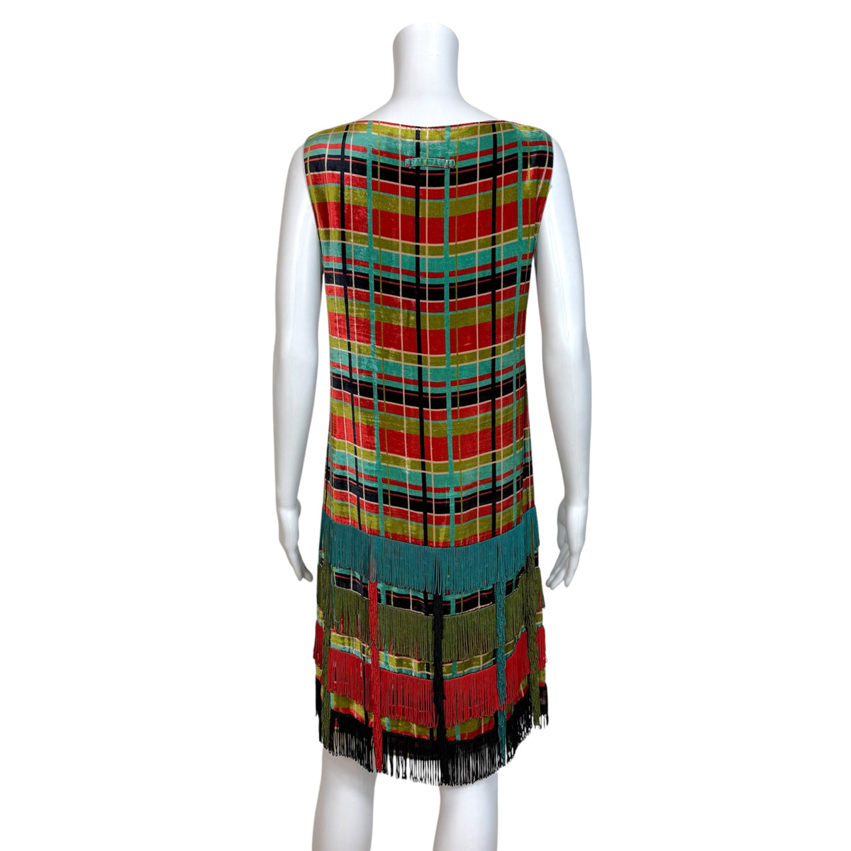 Jean Paul Gaultier S/S 1998 Multicolor Plaid Print Velvet & Fringe Trim Shift Midi Dress