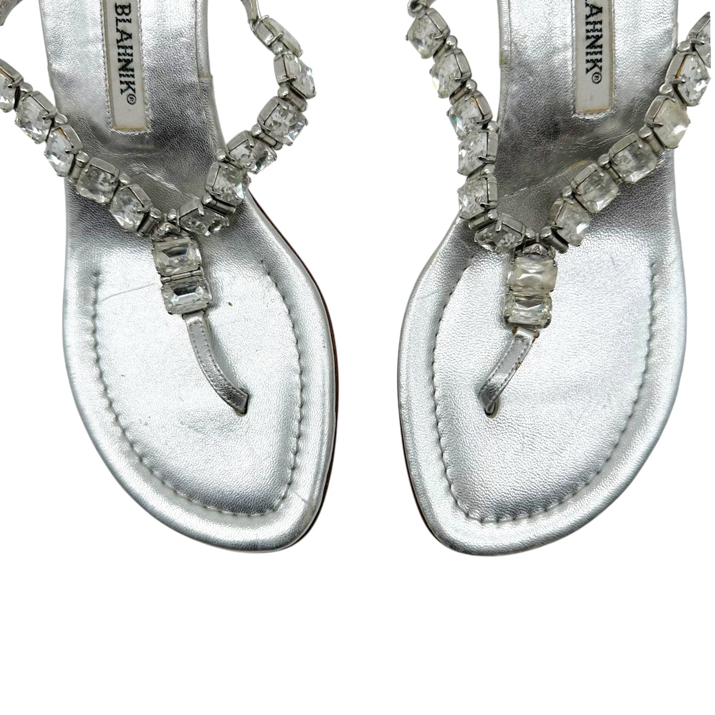 Manolo Blahnik Silver Crystal Embellished Kitten Heel Flip Flops