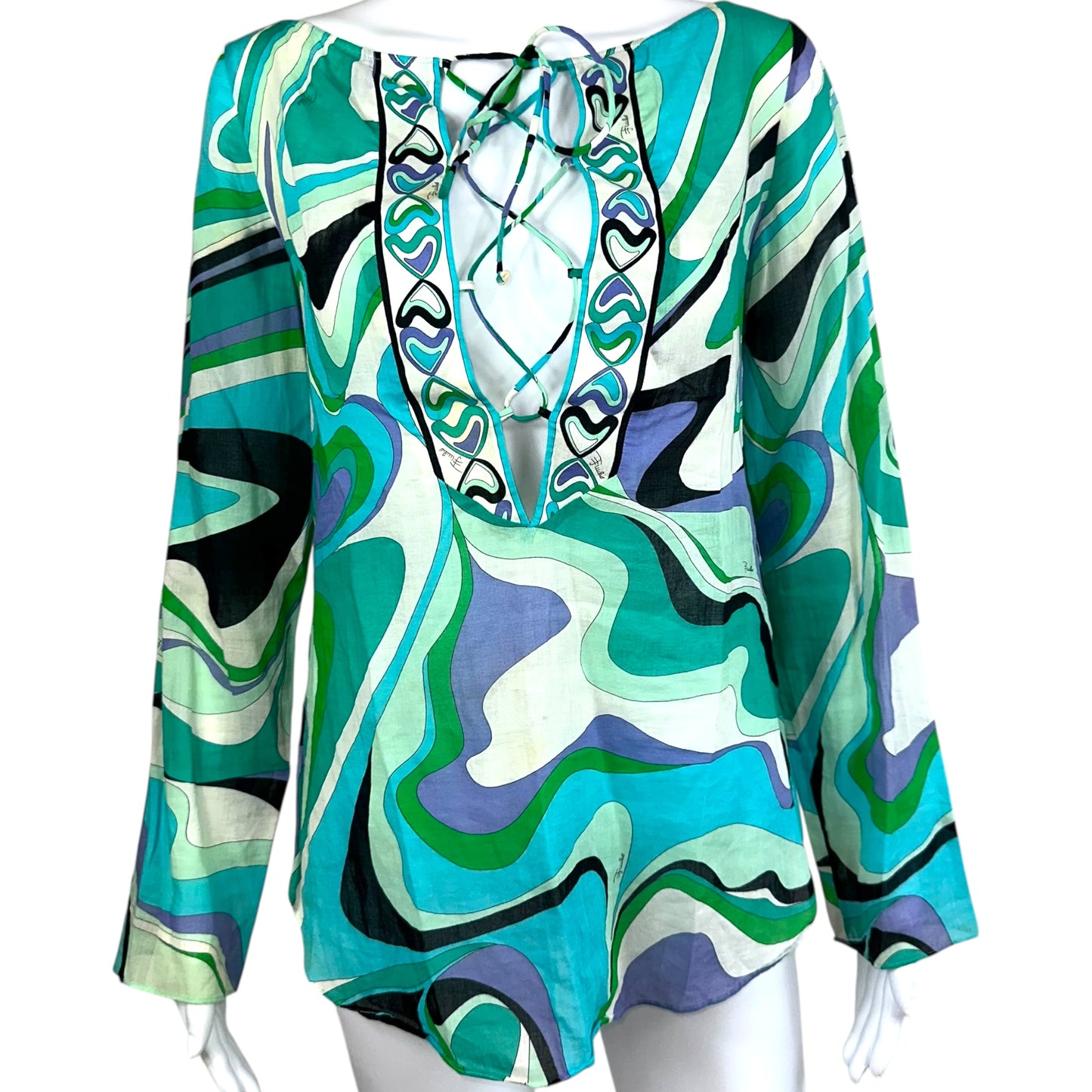 Emilio Pucci Green & Blue Printed Sheer Lace Up Blouse Top - Outfit Repeater