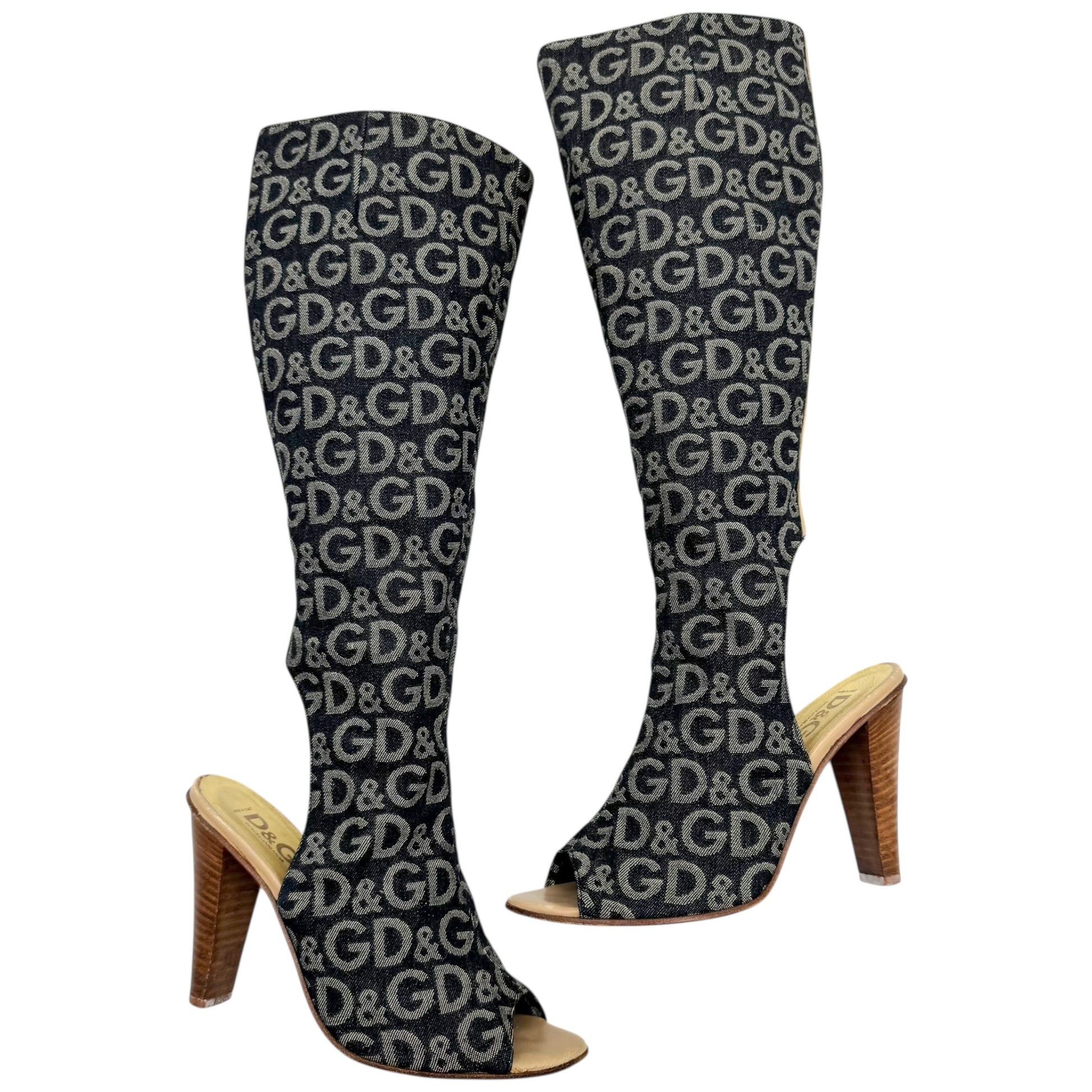 D&G Dolce & Gabbana Denim Logo Open Toe Heeled Boots - Outfit Repeater