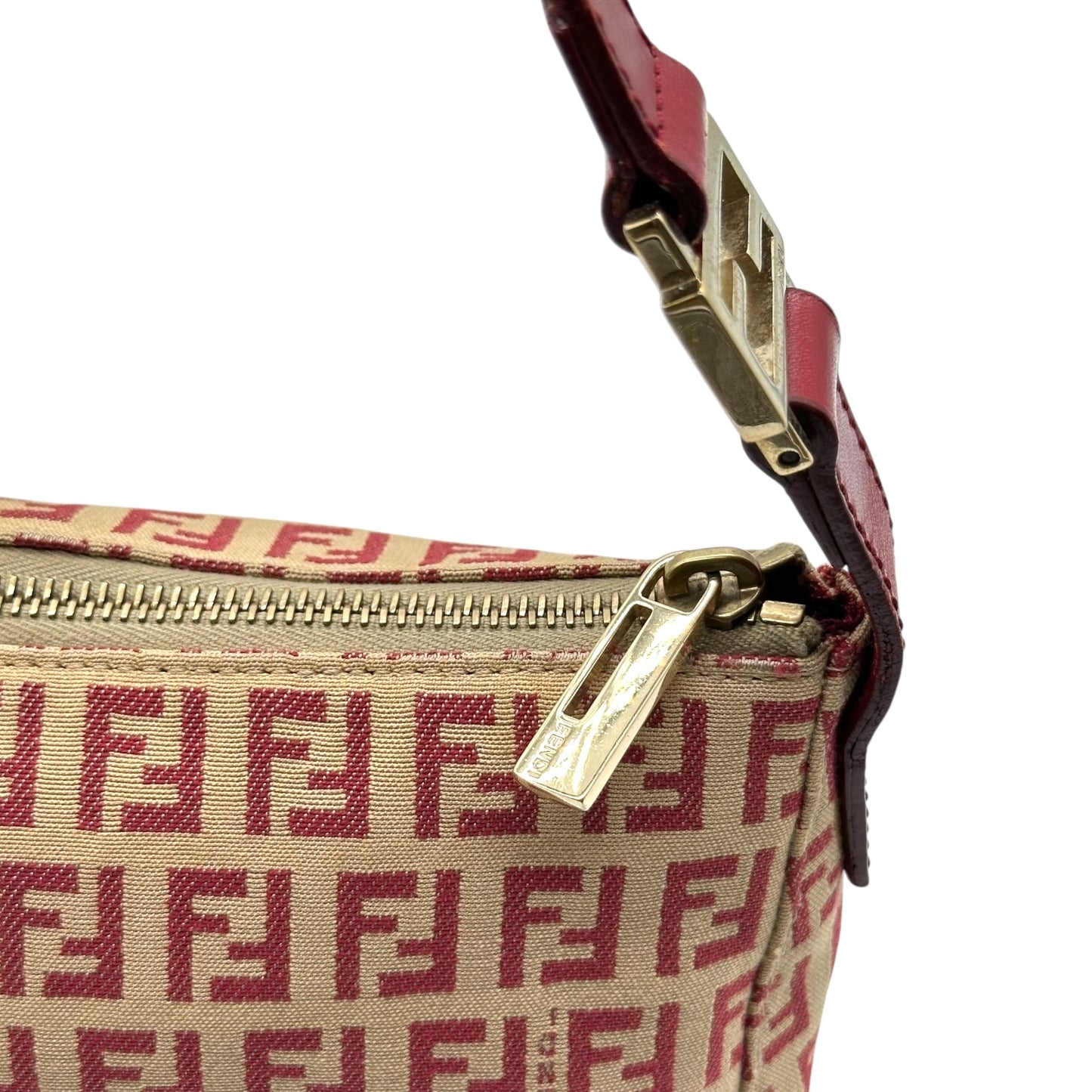 Fendi Tan & Red Zucchino Monogram Pochette Bag