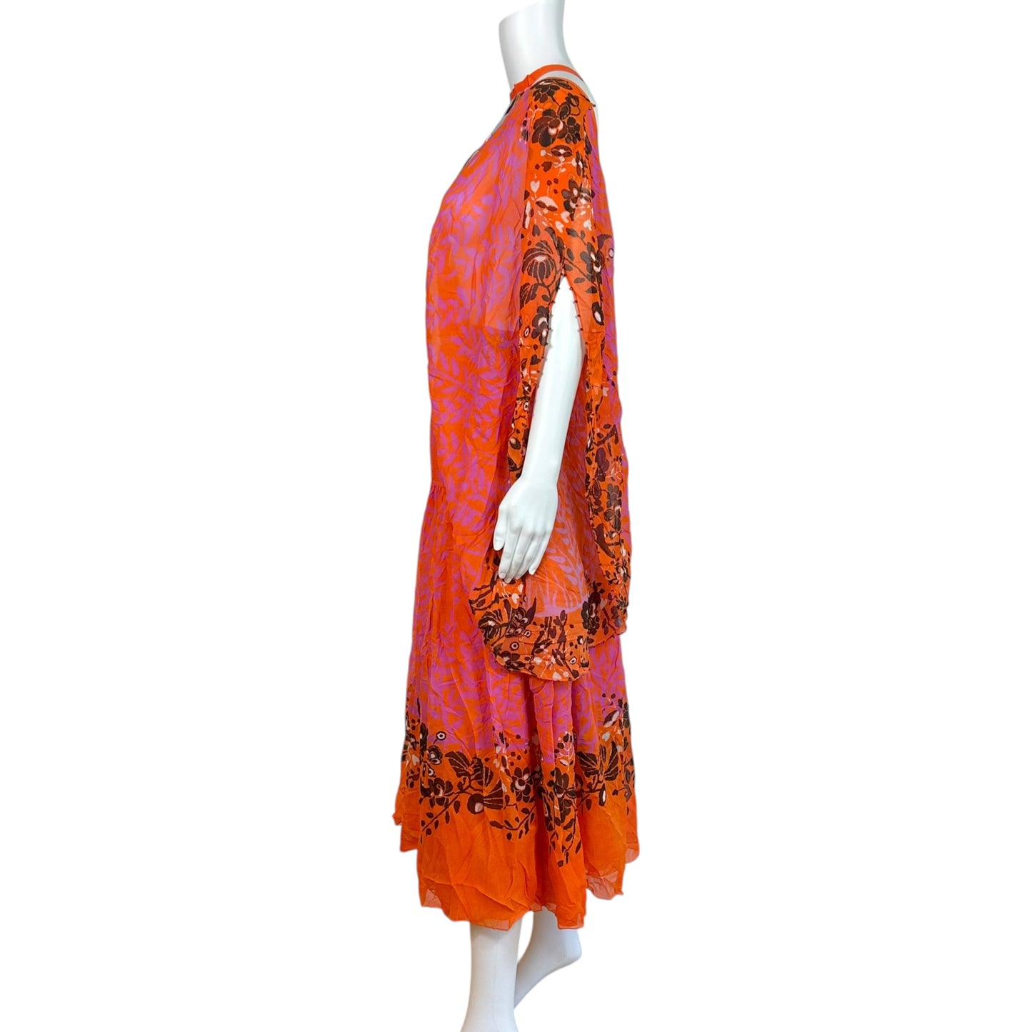 Fendi Orange & Purple Printed Silk Batwing Sleeve Cut-Out Maxi Dress NEW
