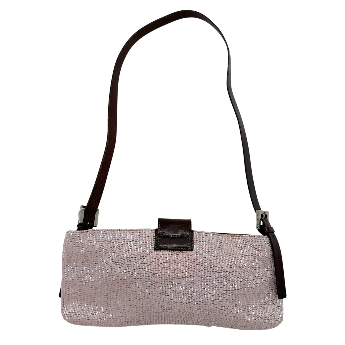 Fendi Crossbody Baguette Bag Light Pink Beaded Brown Leather