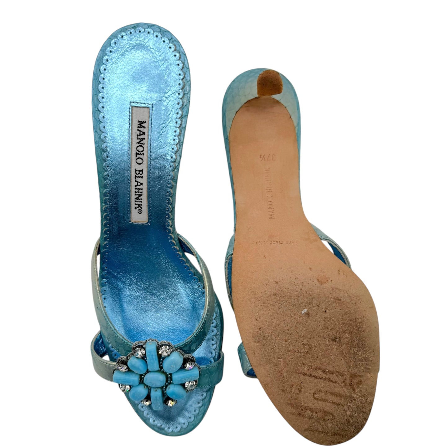 Manolo Blahnik Blue Beaded Kitten Heel Mule Sandals - Outfit Repeater
