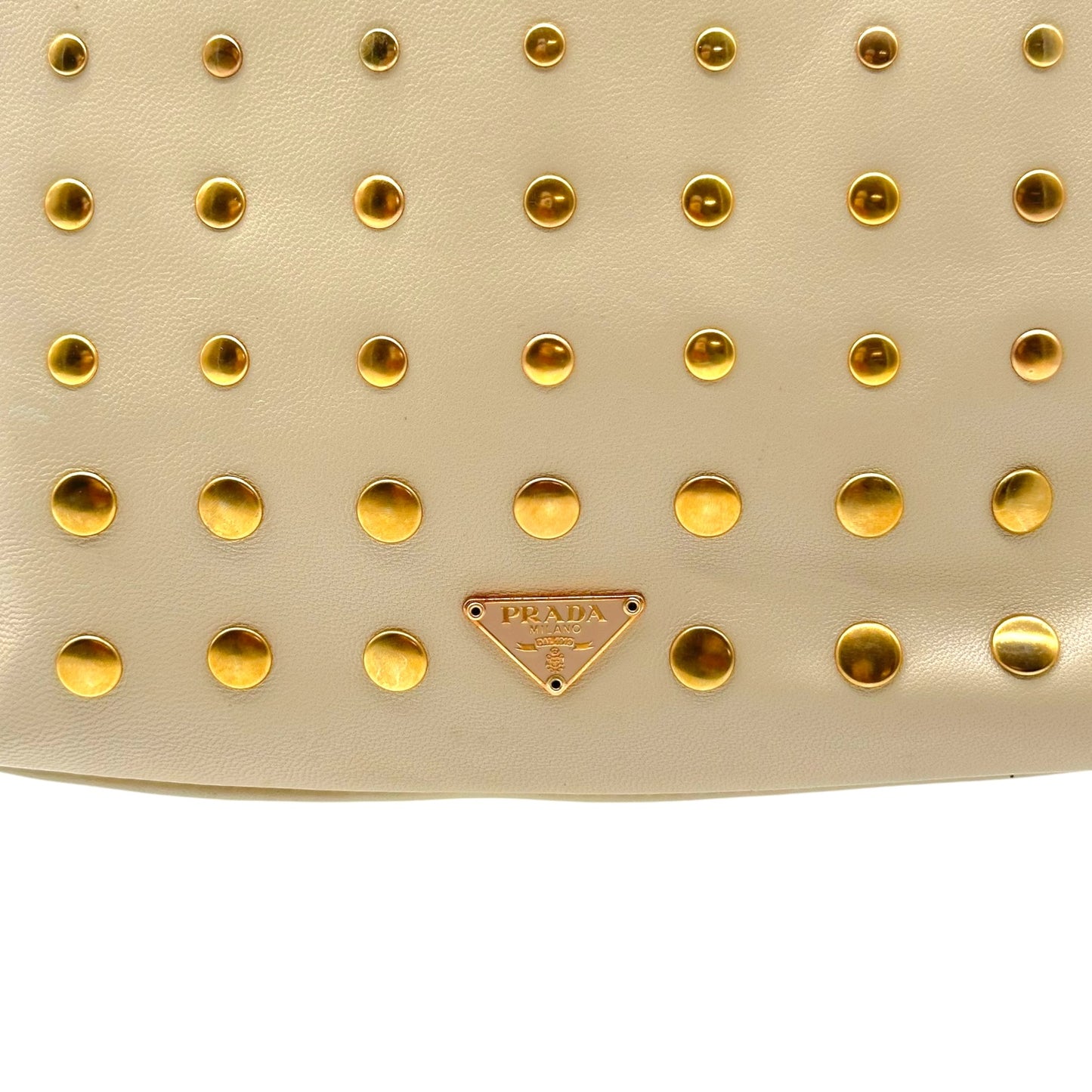 Prada Mini Tote Handbag Ivory Gold Studded Leather