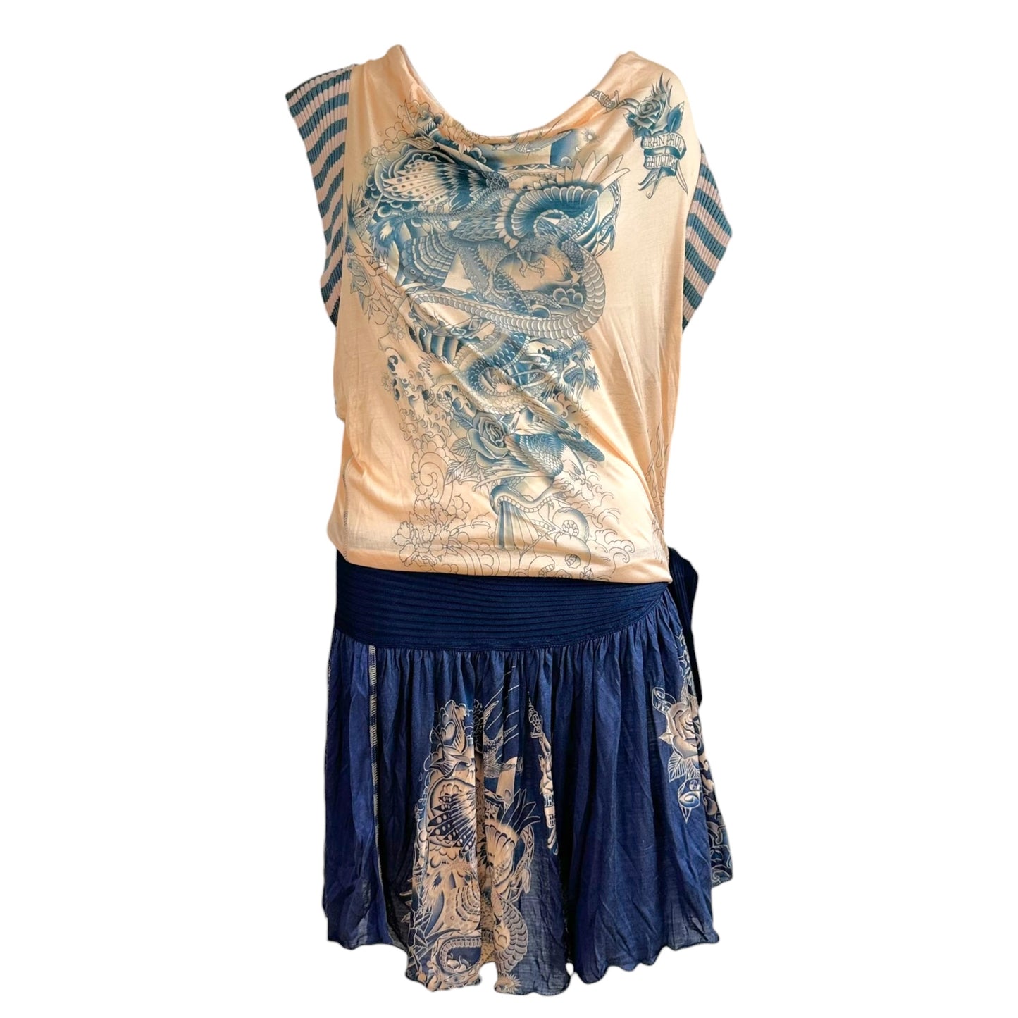 Jean Paul Gaultier Mini Dress Nude Navy Blue Tattoo Print