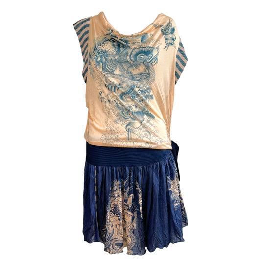 Jean Paul Gaultier Mini Dress Nude Navy Blue Tattoo Print