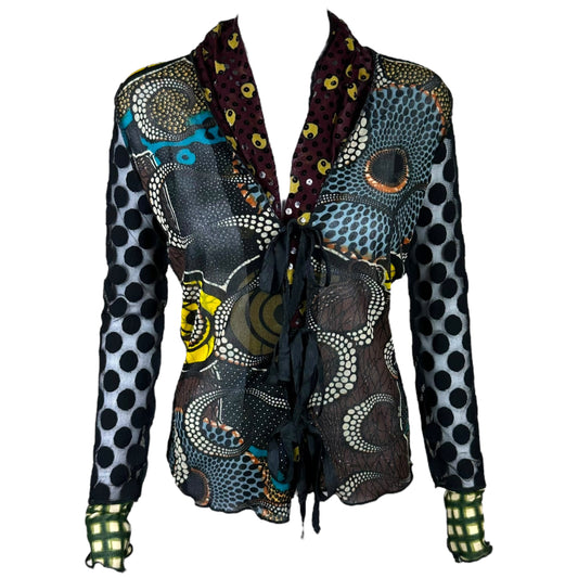 Jean Paul Gaultier Soleil Multi-Print Polka Dot Tie Front Cardigan Top NEW