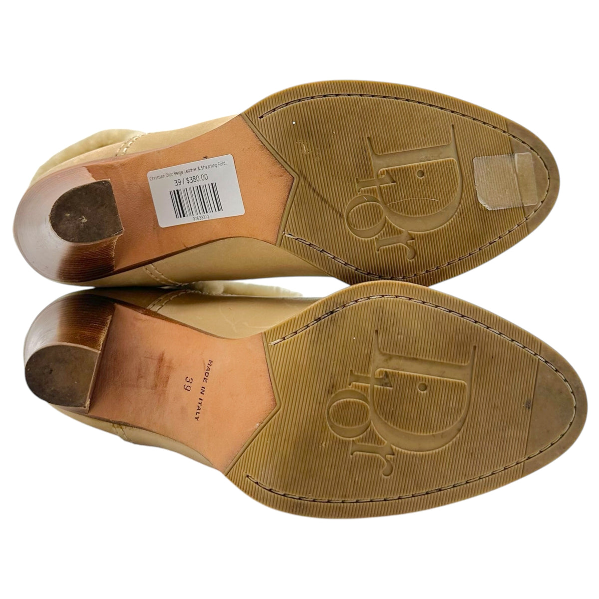 Christian Dior Beige Leather & Shearling Fold-Over Logo Heeled Booties