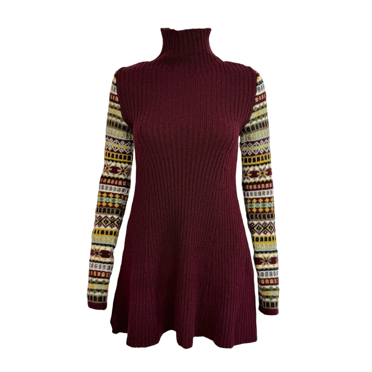 Jean Paul Gaultier Burgundy Wool Knit Nordic Sleeve Turtleneck Mini Dress