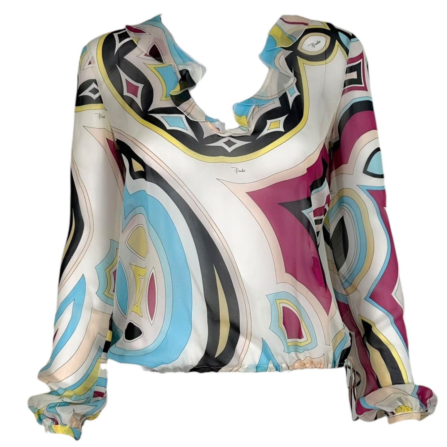 Emilio Pucci Pink & Blue Printed Sheer Silk Blouse