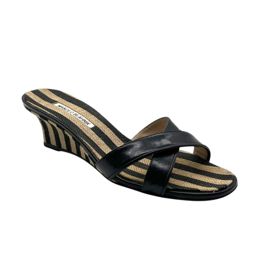 Manolo Blahnik Striped Burlap Wedge Sandals