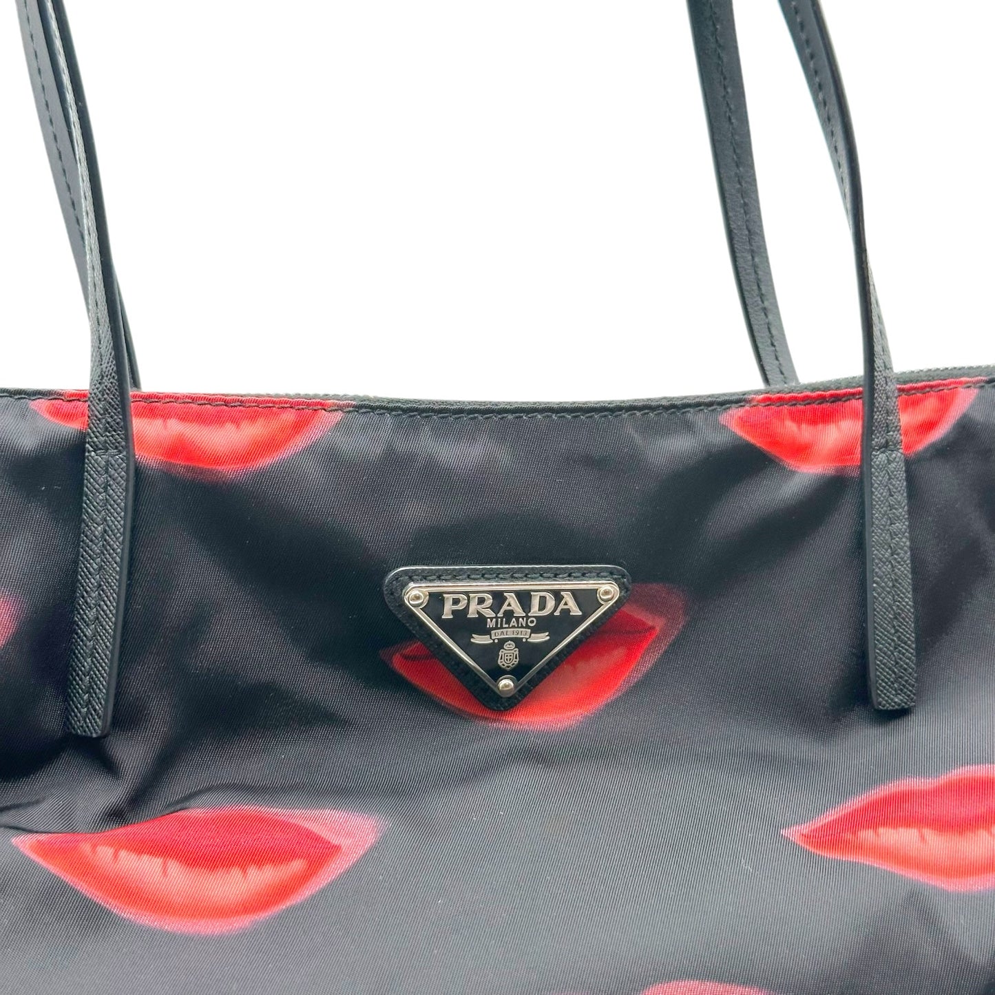 Prada Black Red Lip Print Nylon Tote Bag