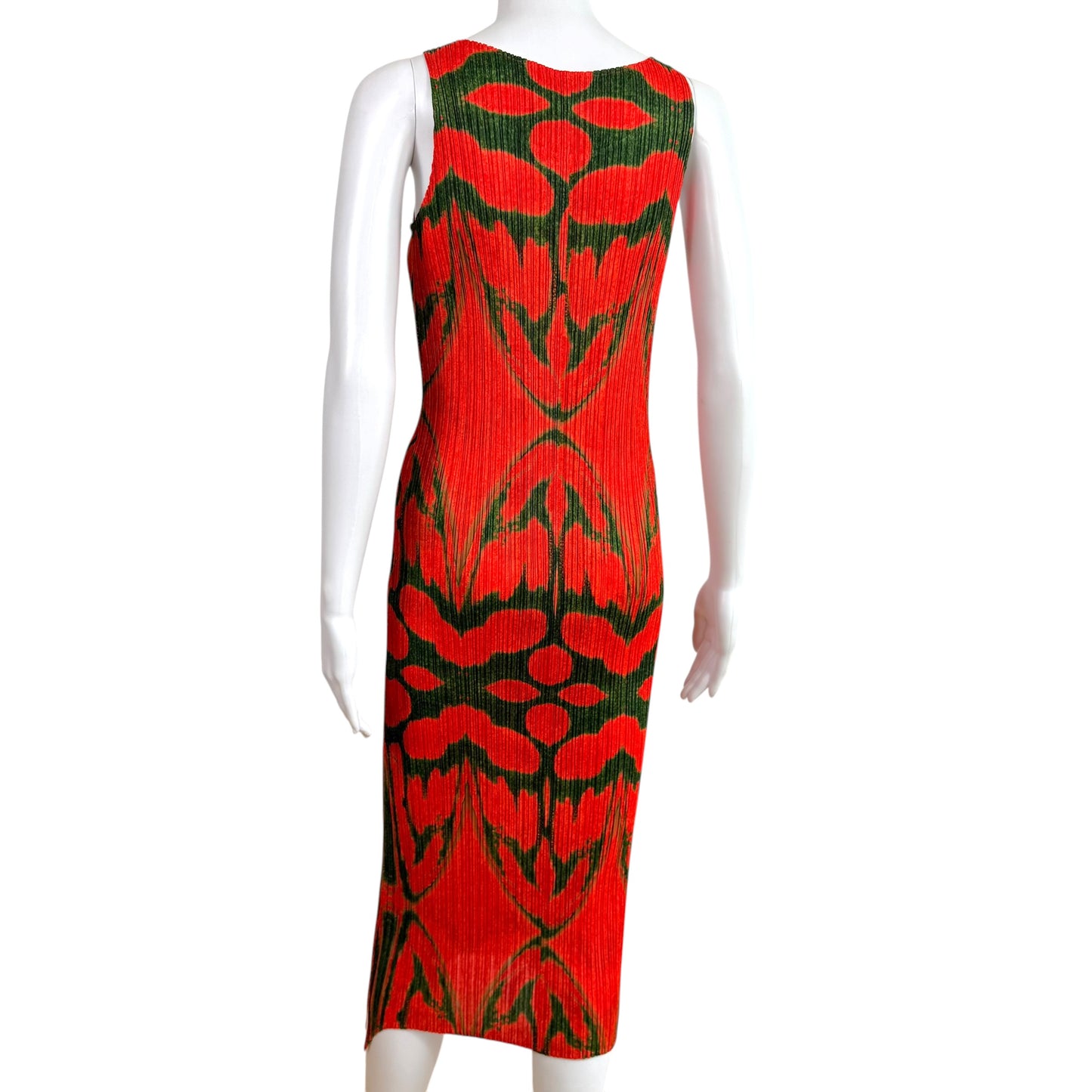 Issey Miyake Pleats Please Red & Green Patterned Pleated Maxi Dress Sz 3