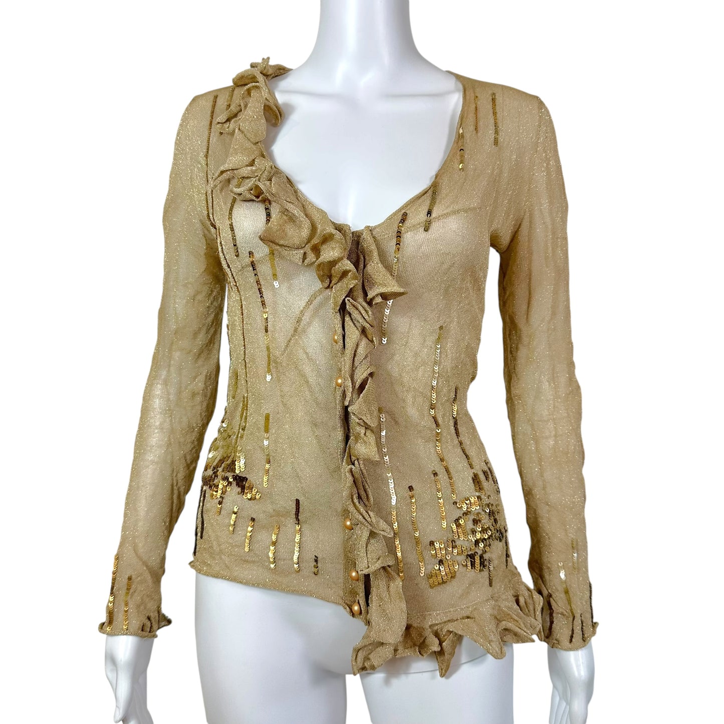 John Galliano S/S 2007 Gold Sequin Embellished Tan Sheer Knit Cardigan