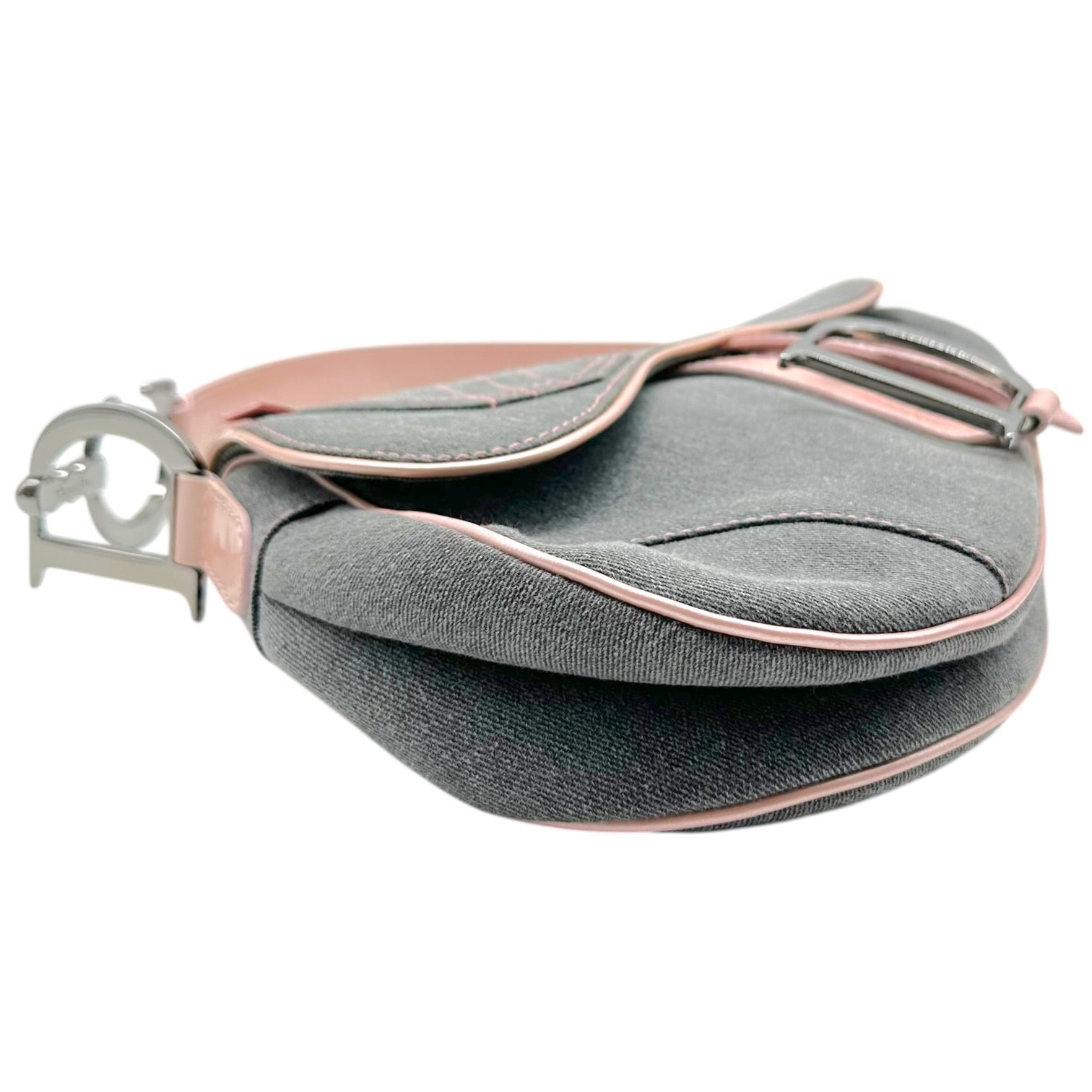 Christian Dior Saddle Shoulder Bag Gray Denim Pink Leather