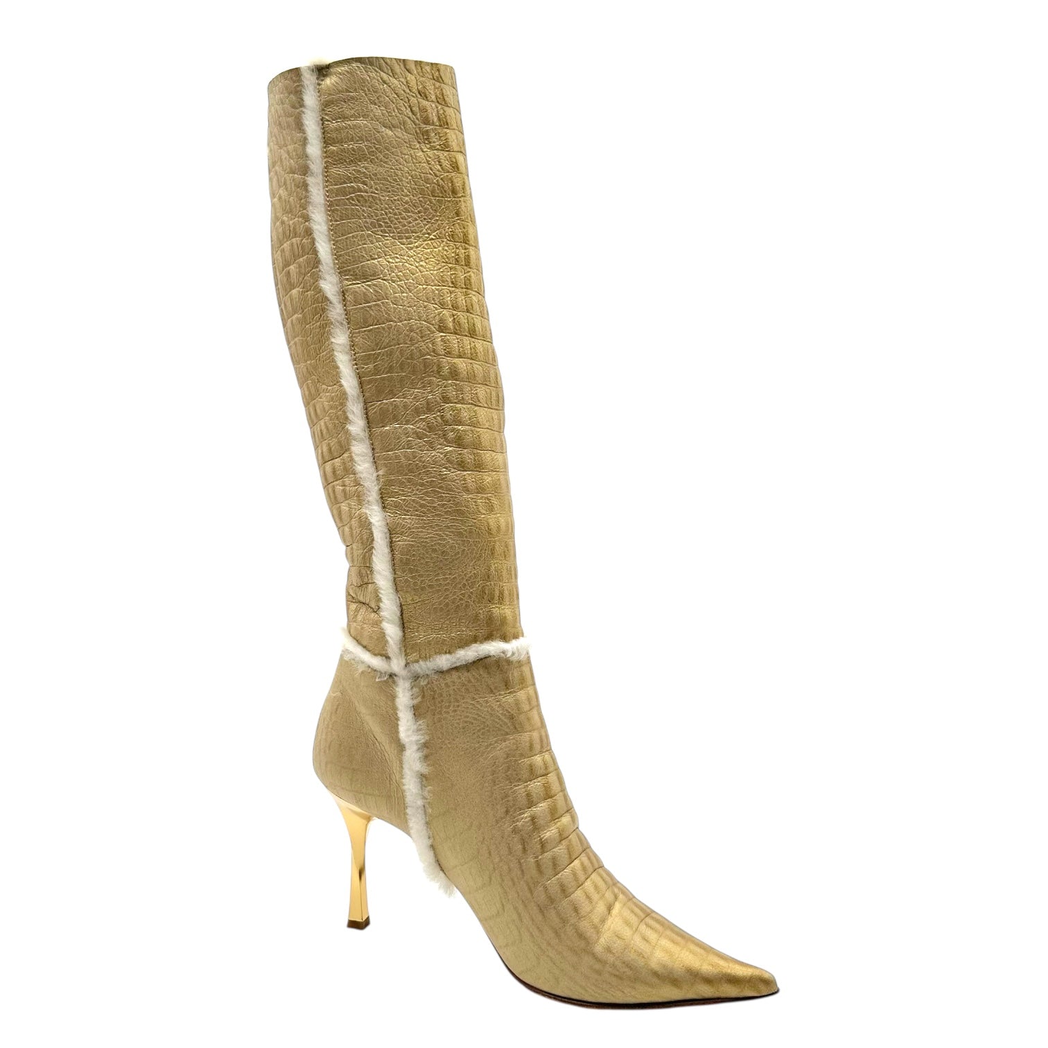 Casadei Gold Croc Embossed Shearling Pointed Toe Boots - Outfit Repeater