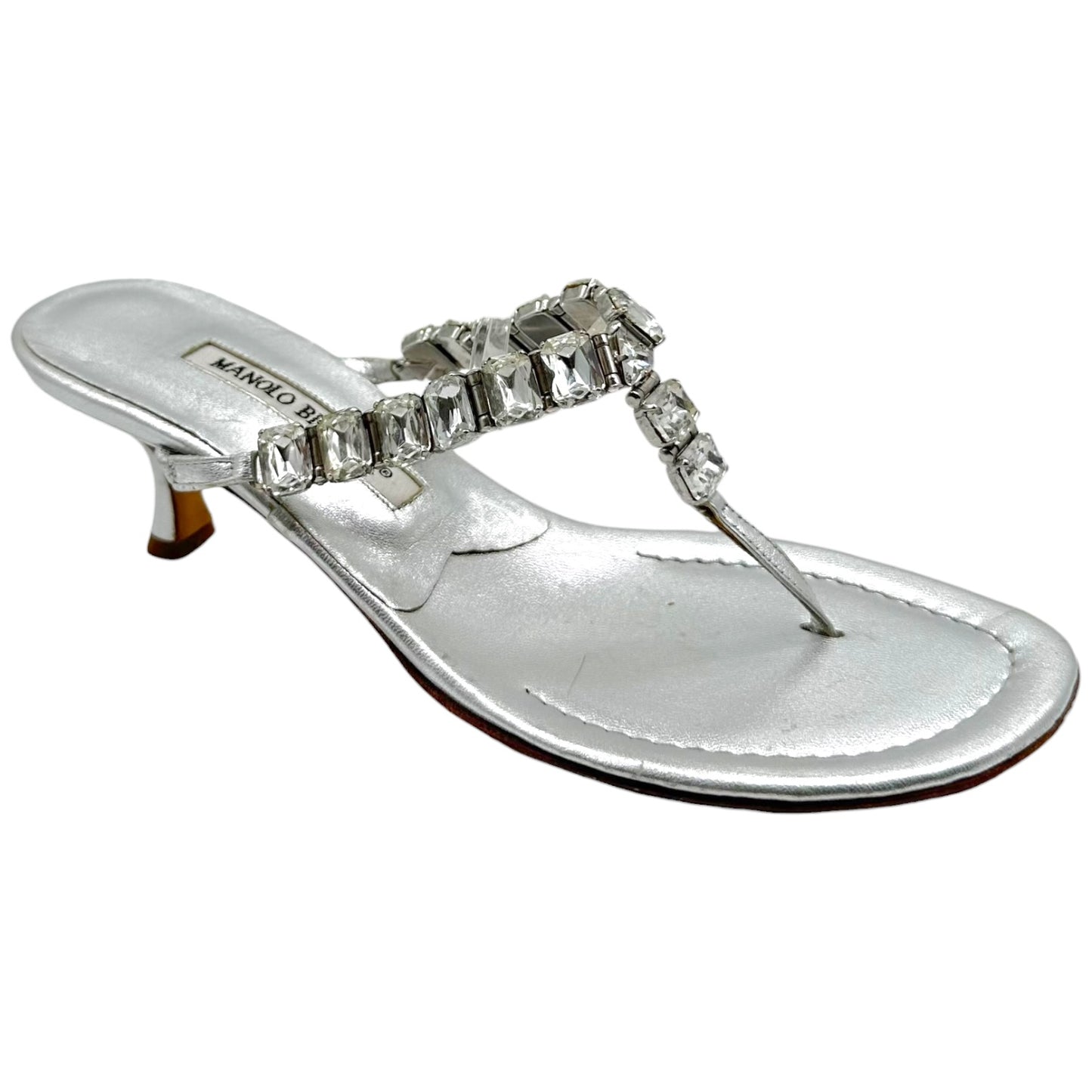 Manolo Blahnik Silver Crystal Embellished Kitten Heel Flip Flops