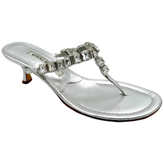 Manolo Blahnik Silver Crystal Embellished Kitten Heel Flip Flops
