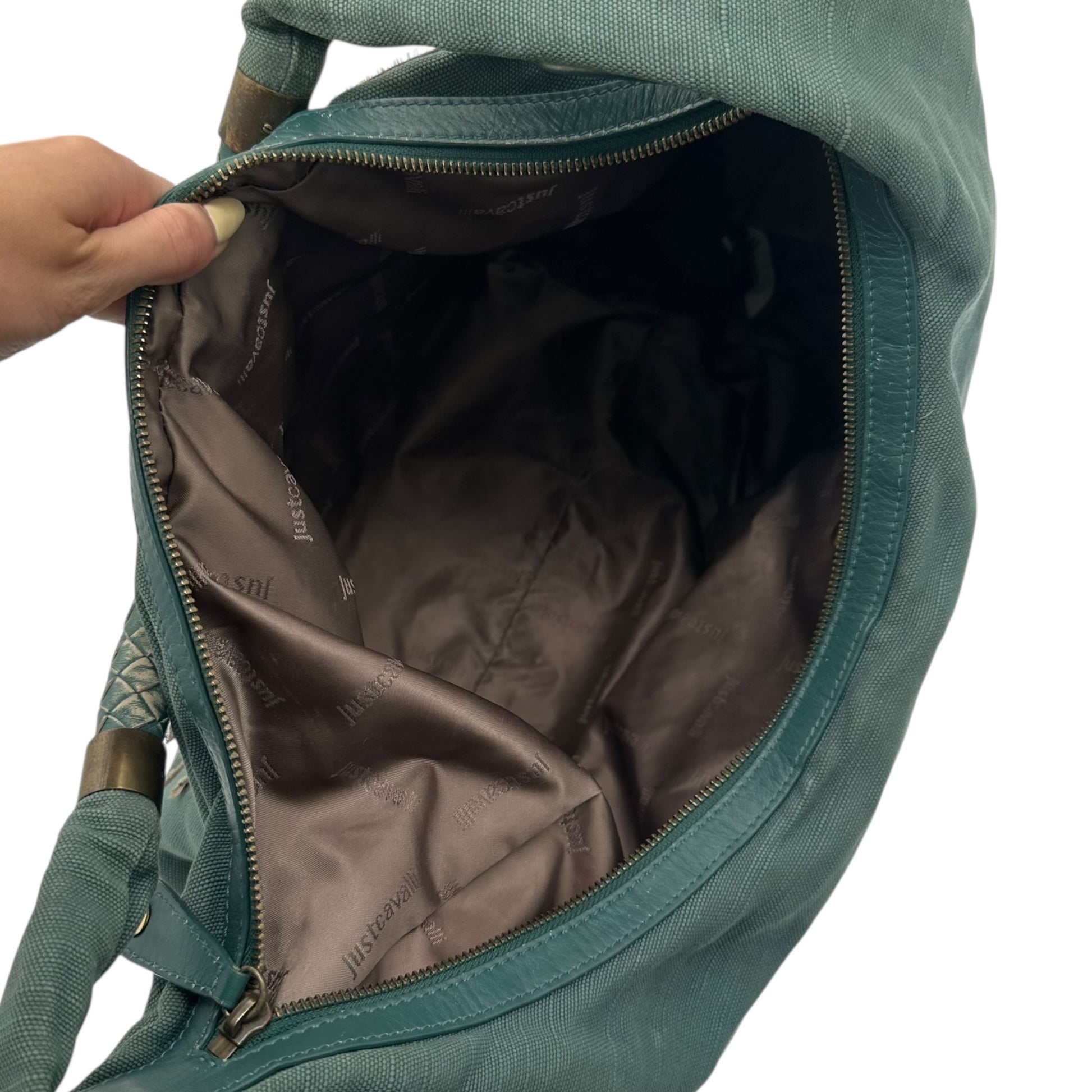 Just Cavalli Roberto Cavalli Teal Canvas & Leather Embroidered Hobo Bag - Outfit Repeater