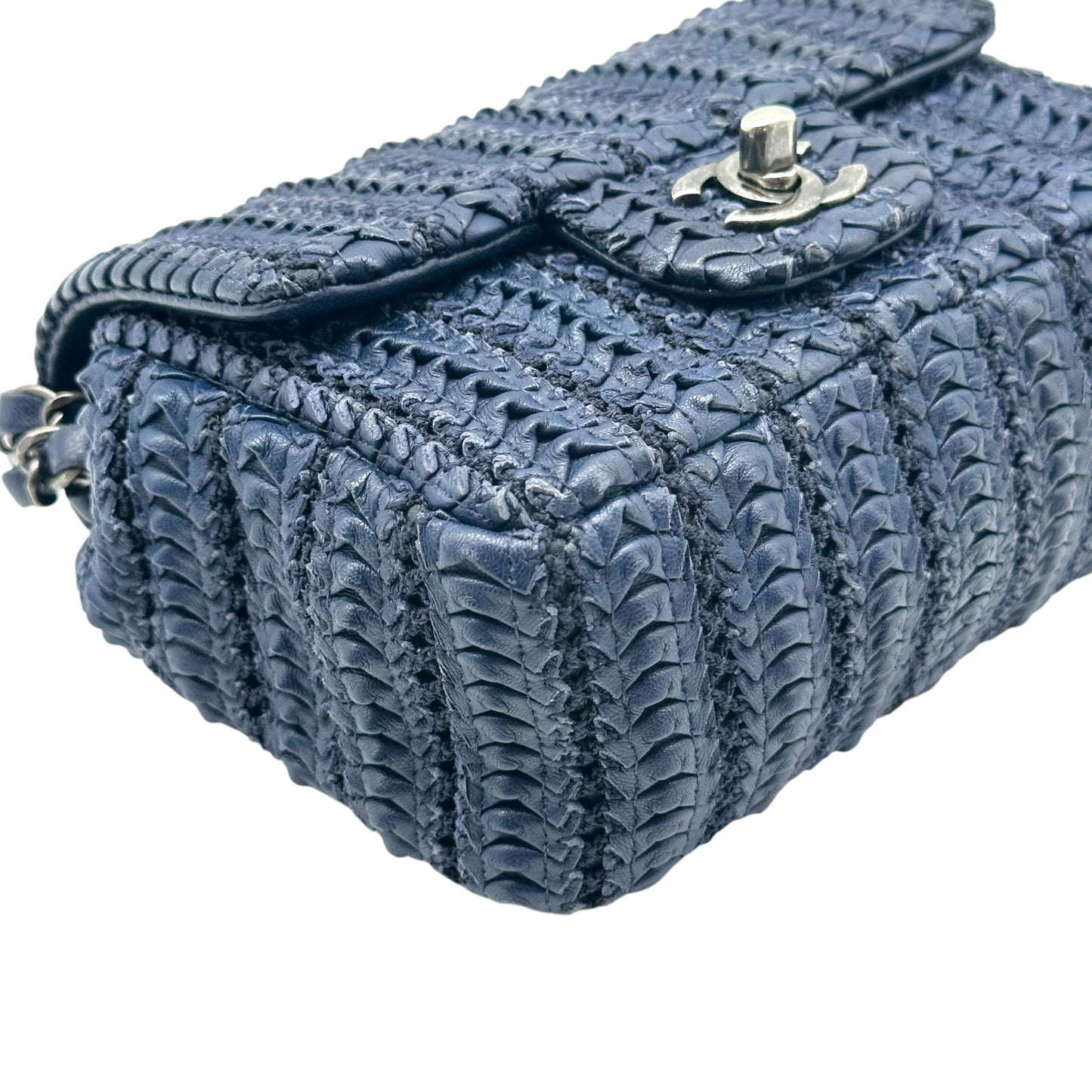 Chanel Small Square Flap Bag Navy Blue Woven Leather