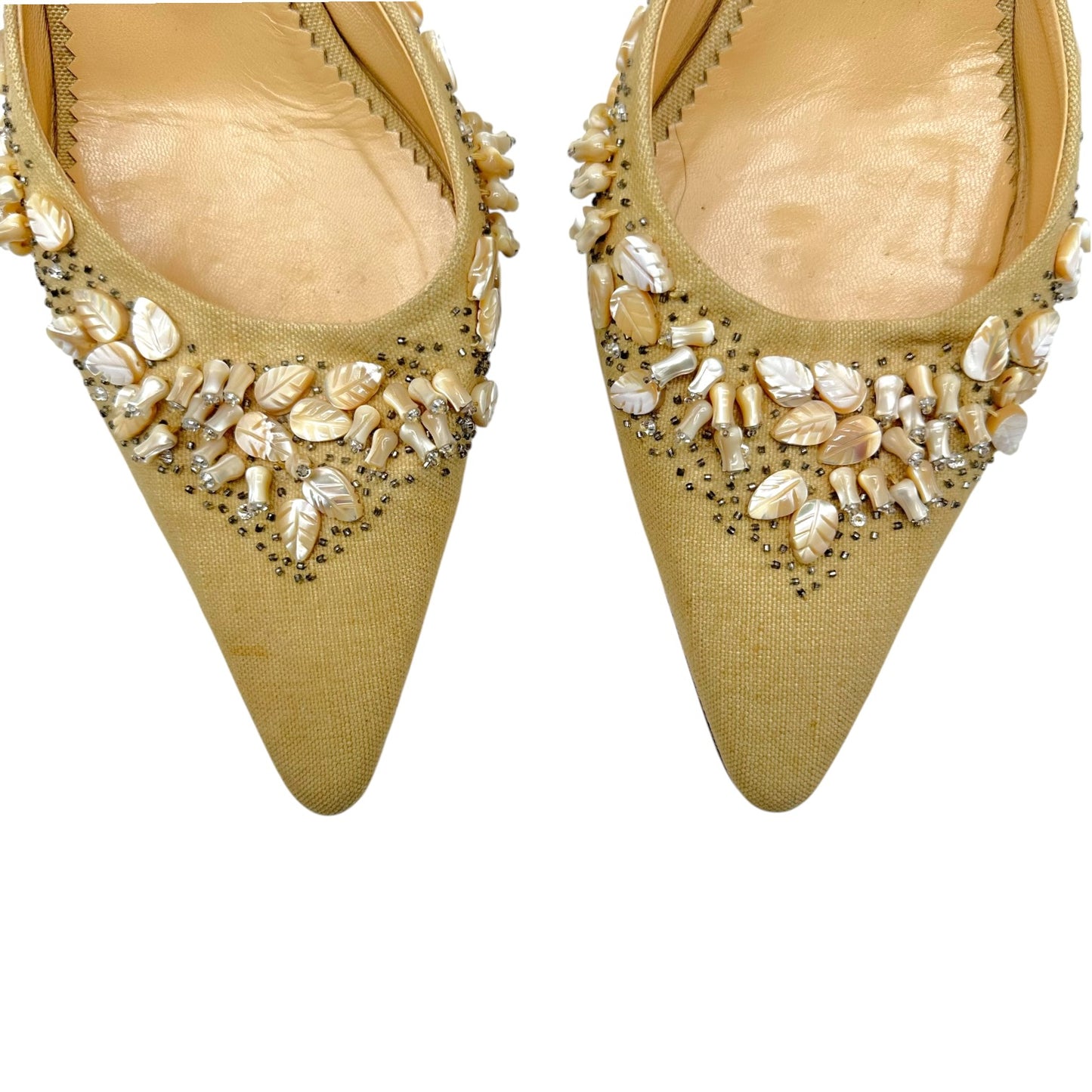 Manolo Blahnik Beige & Mother of Pearl Beaded Kitten Heel Mules