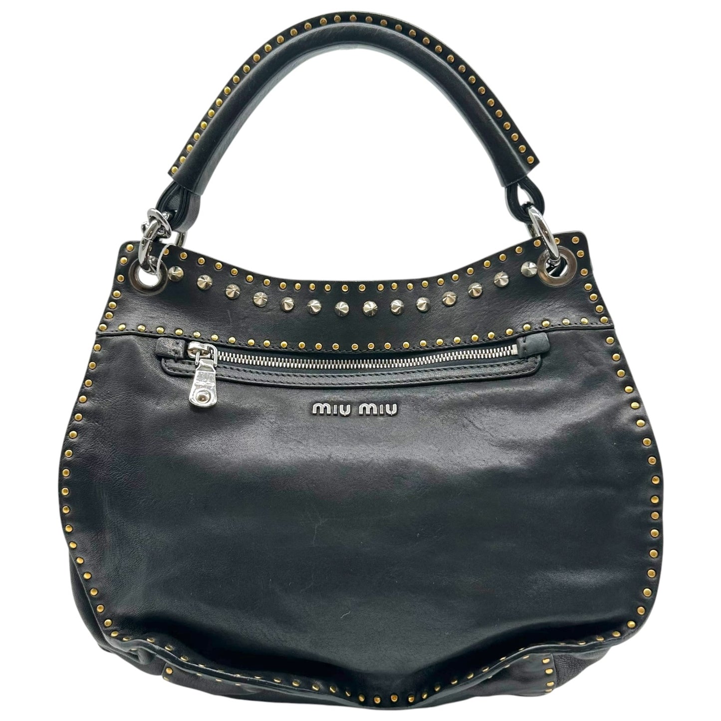 Miu Miu Black Leather Studded Hobo Bag