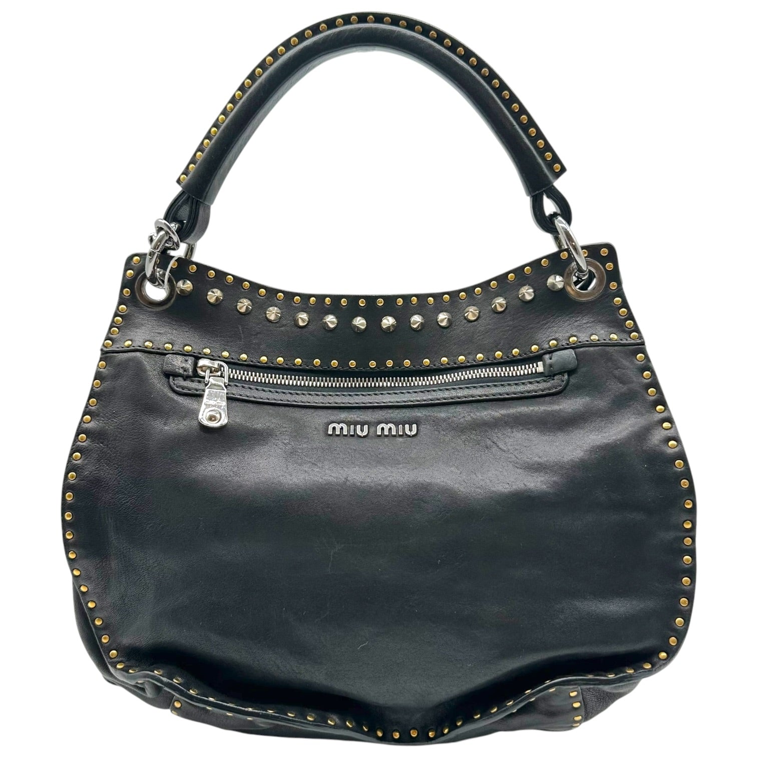 Miu Miu Black Leather Studded Hobo Bag