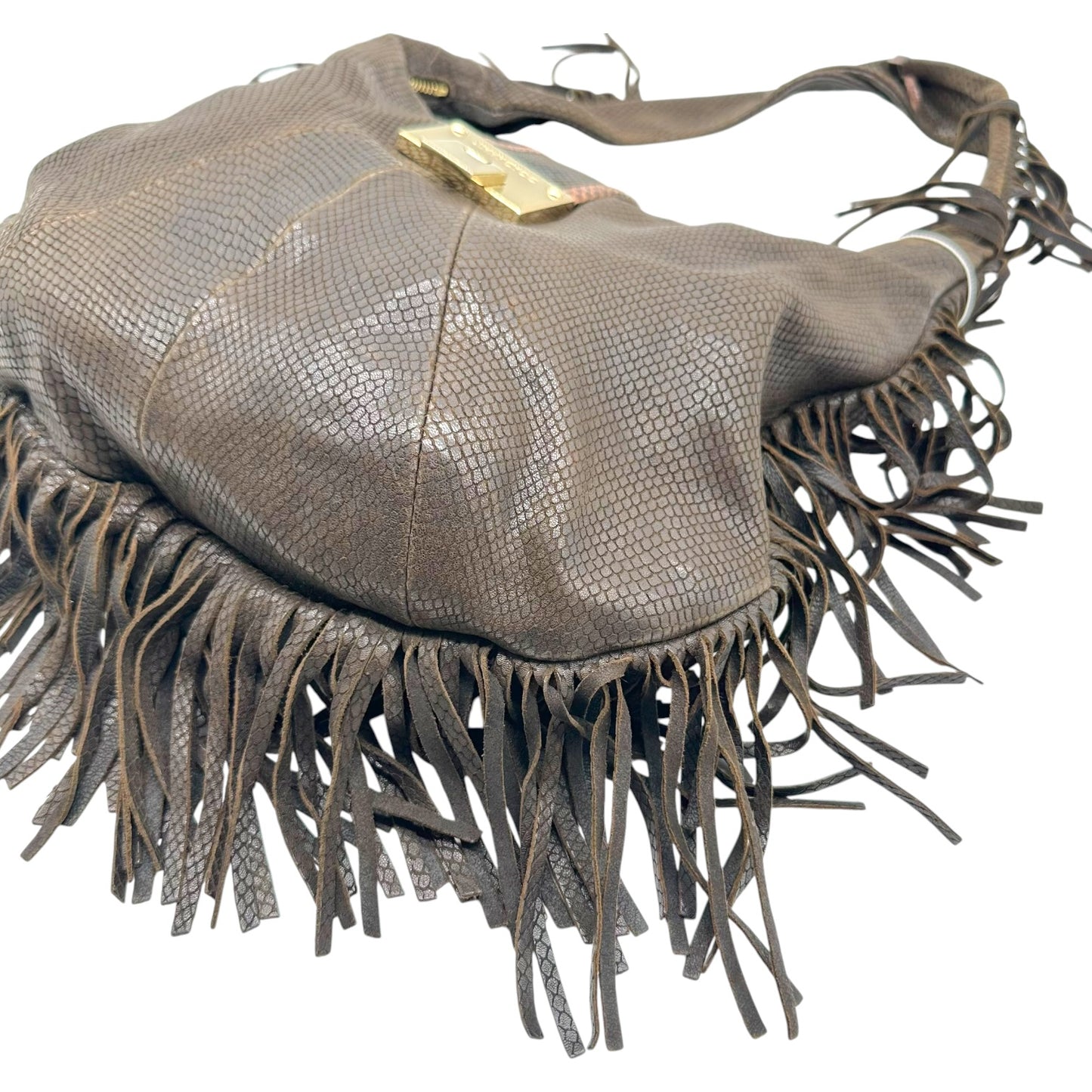 Jimmy Choo Brown Snakeskin Embossed Hobo Bag with Fringe