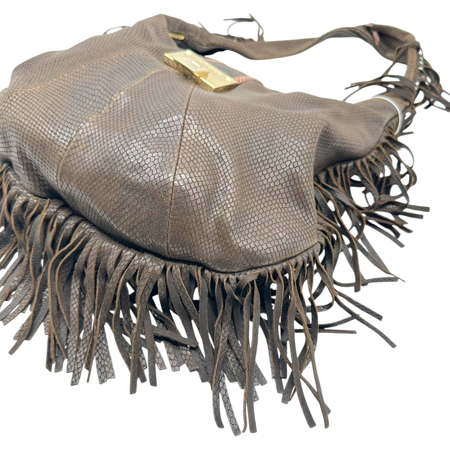 Jimmy Choo Brown Snakeskin Embossed Hobo Bag with Fringe