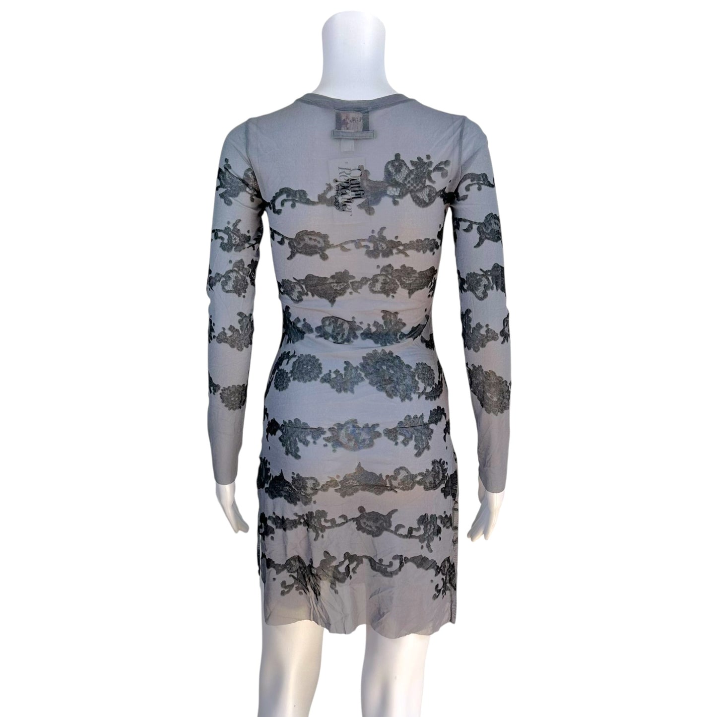 Jean Paul Gaultier Black & Gray Lace Print Mesh Longsleeve Side Slit Mini Dress