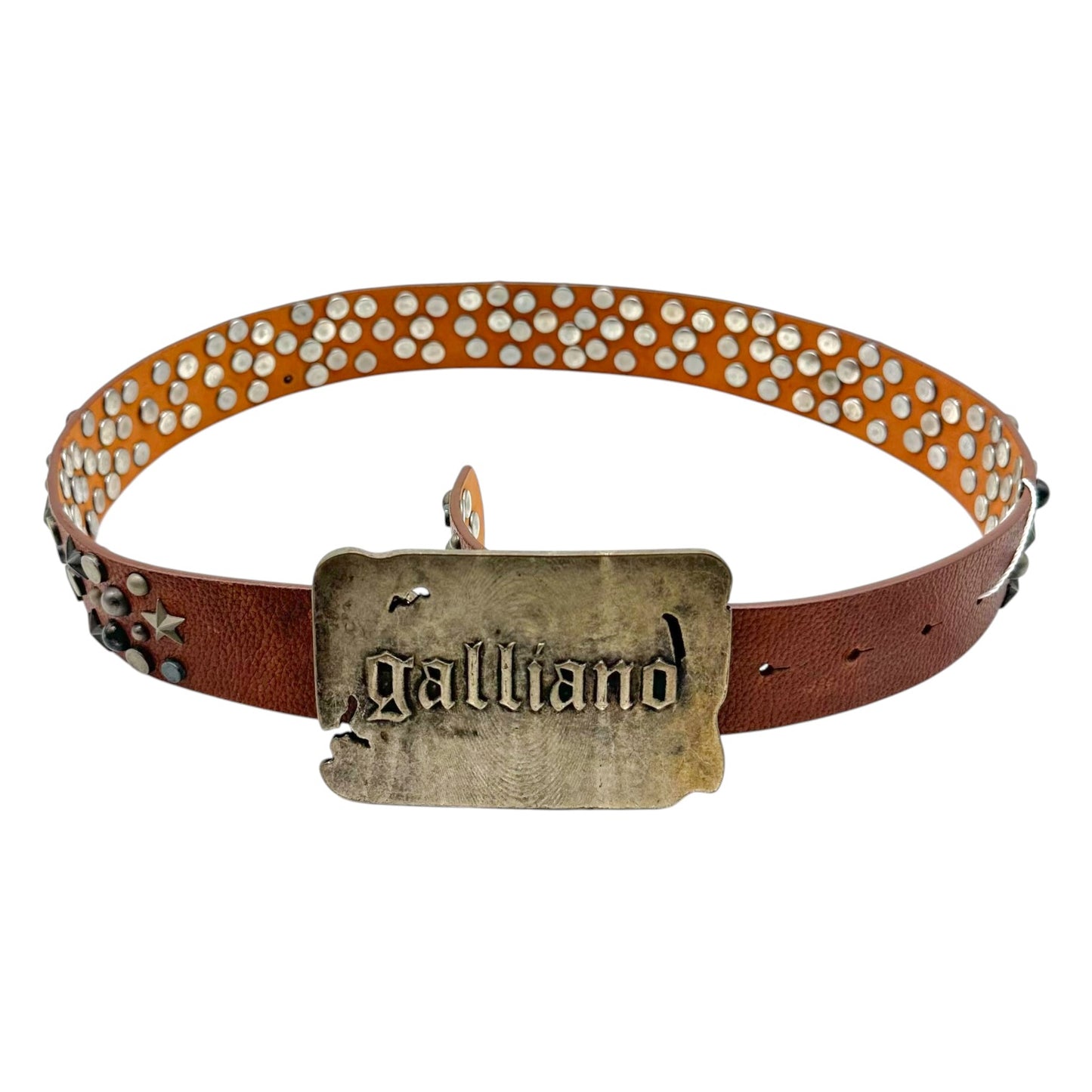 Galliano Brown Leather & Silver Studded XL Logo Buckle Belt
