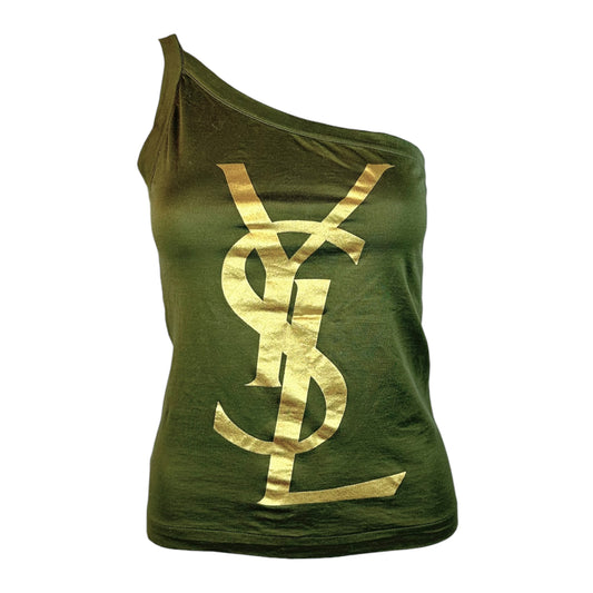 Yves Saint Laurent by Tom Ford Khaki Green & Gold One Shoulder Logo Tank - Outfit Repeater