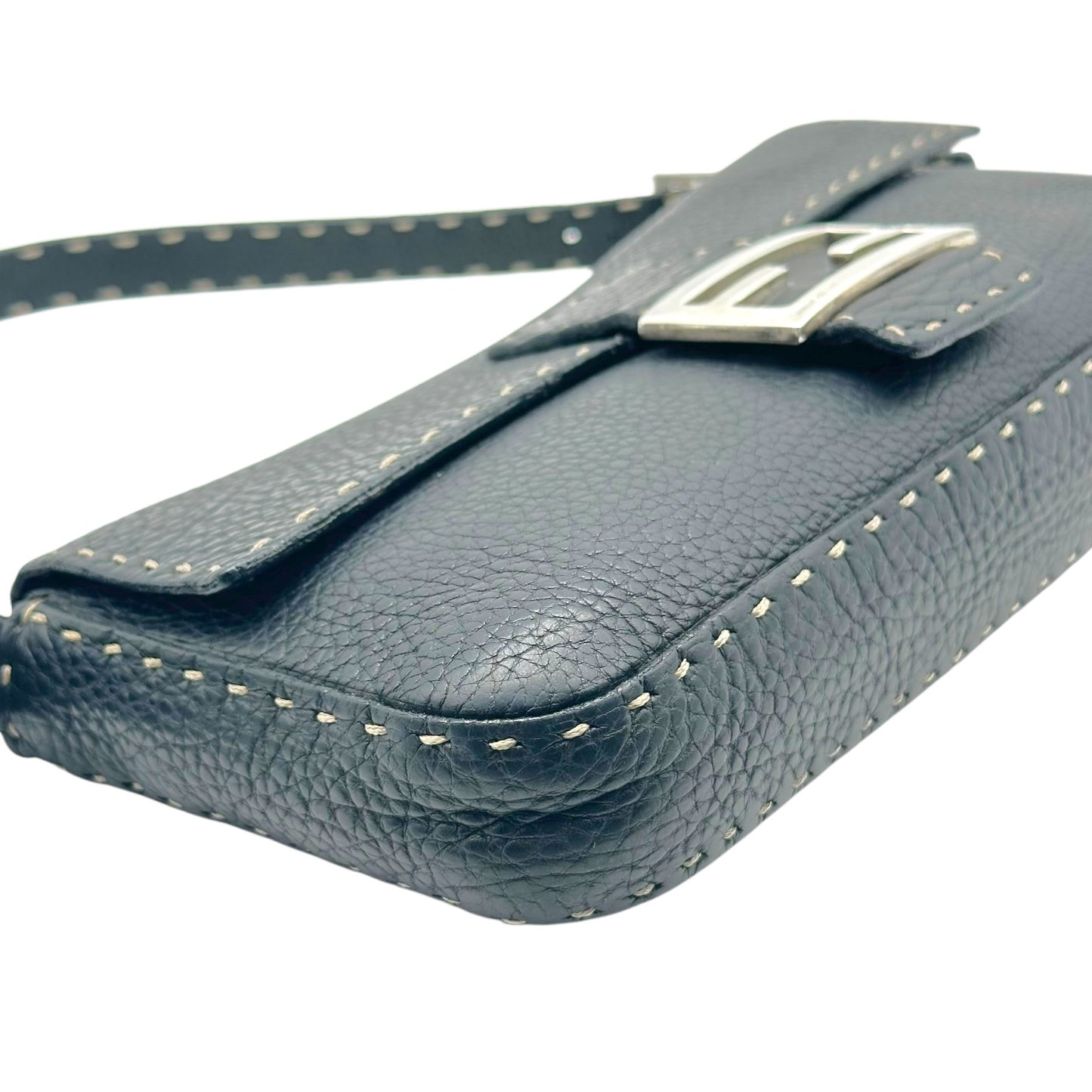 Fendi Selleria Black Leather Contrast Stitch Baguette Bag