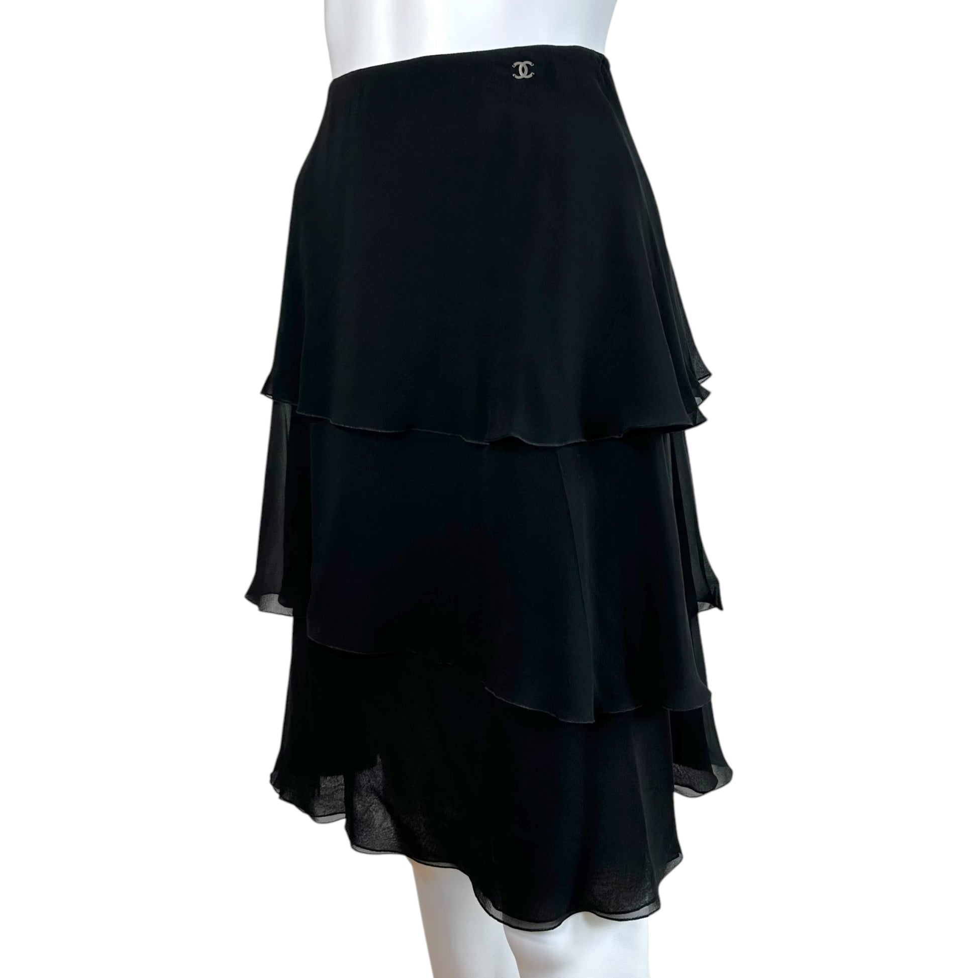 Chanel Black Tiered Silk Midi Skirt Early 2000s