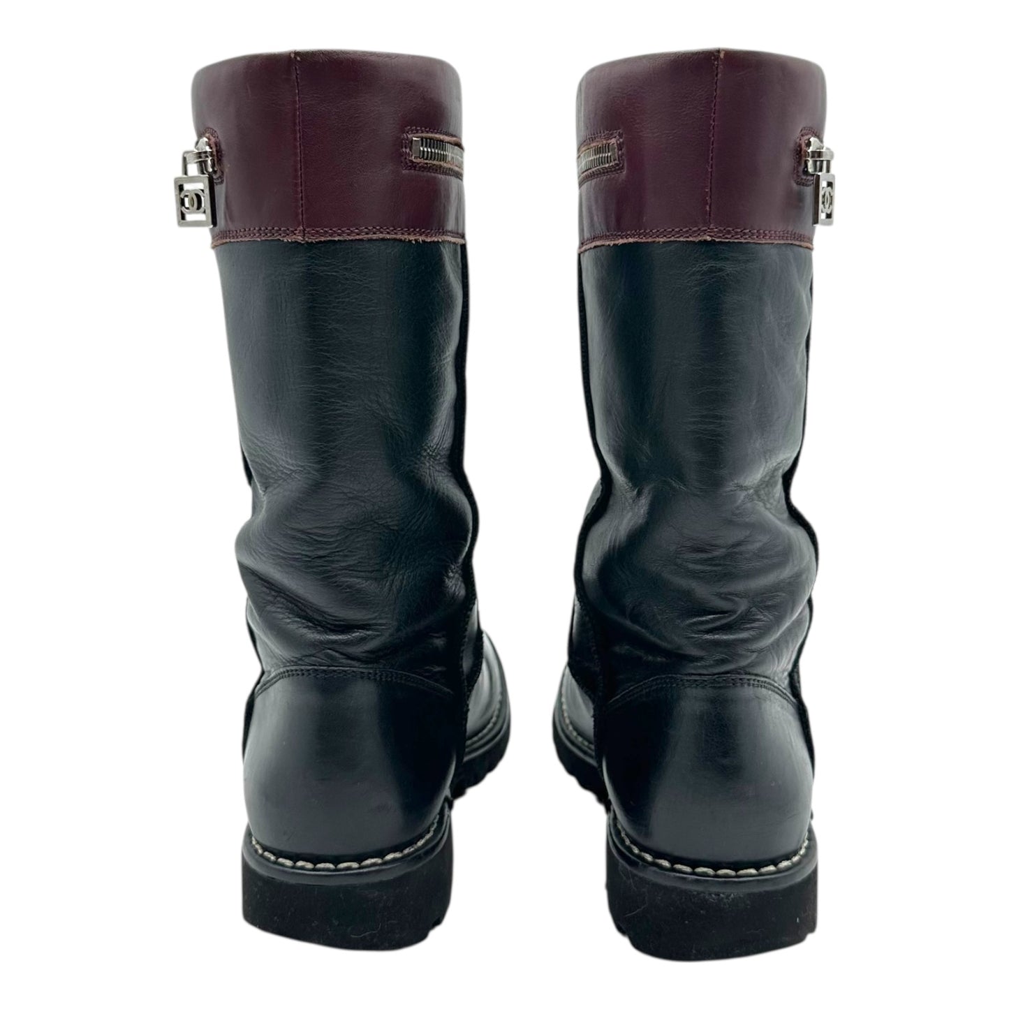 Chanel Burgundy & Black Leather Moto Boots