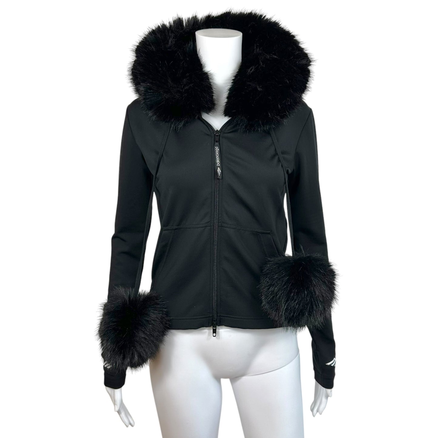 Balenciaga 2025 Black Faux Fur Pom-Pom Track Jacket