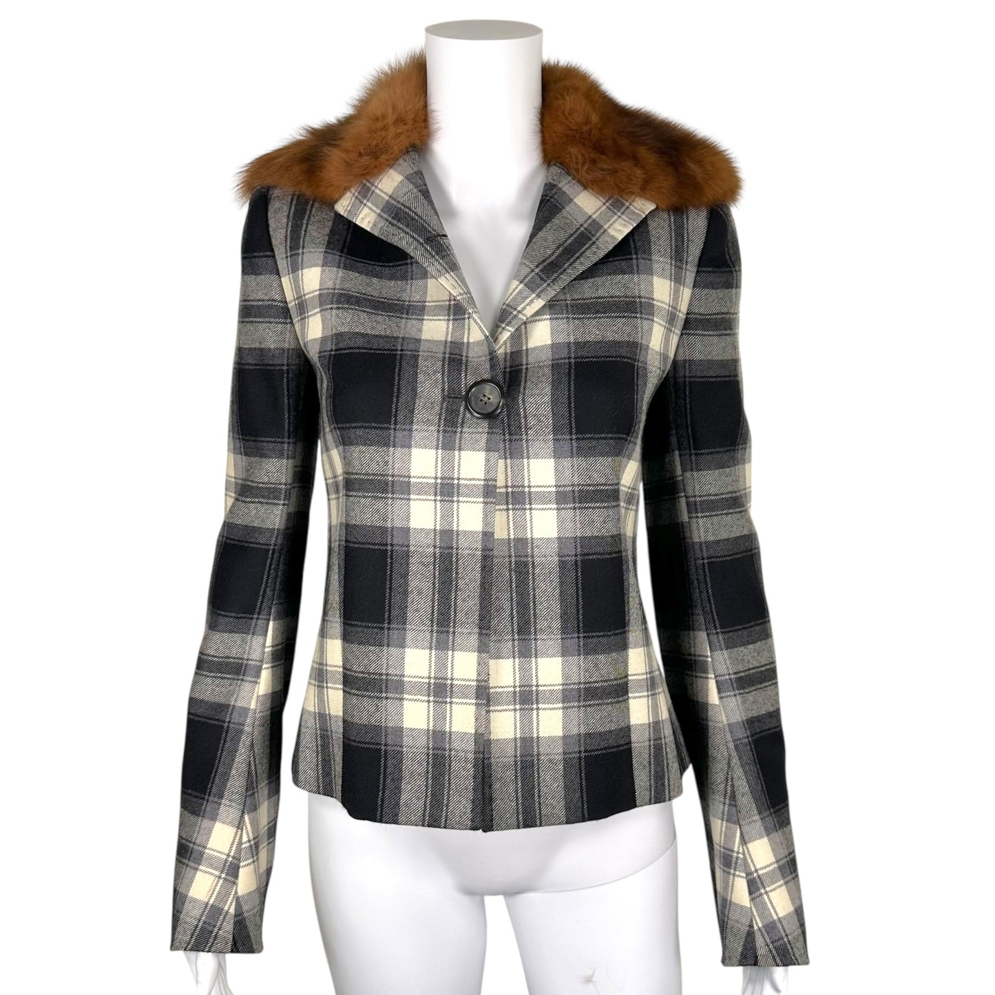 Dolce & Gabbana Wool Black & White Plaid Jacket w/ Fur Collar