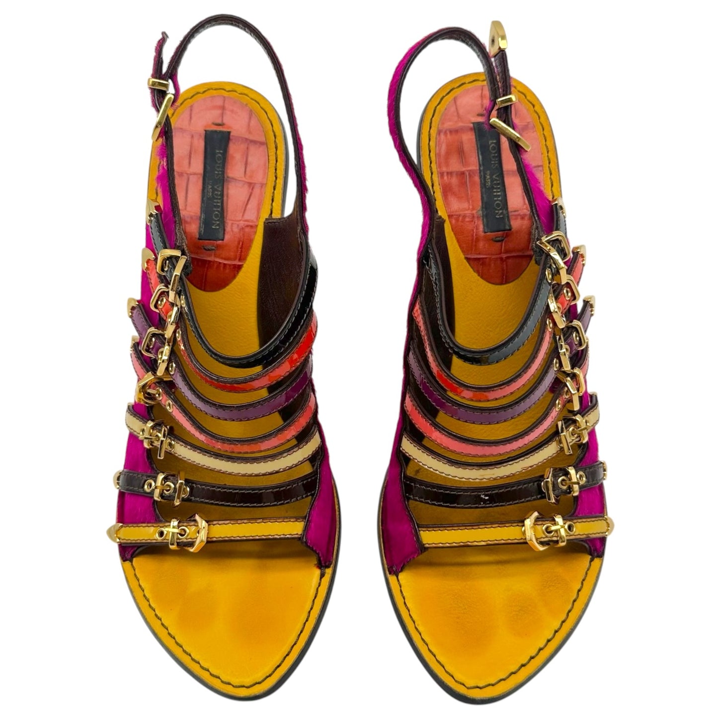 Louis Vuitton Multicolor Croc & Ponyhair Multi-Strap Sandal Heels