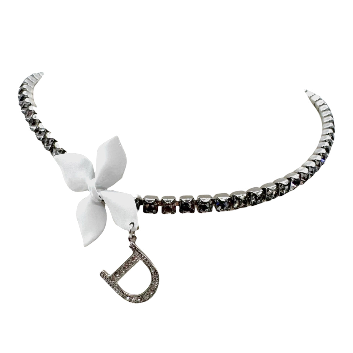Christian Dior 'Girly Dior' Silver Crystal Tennis Chain & White Flower Choker Necklace
