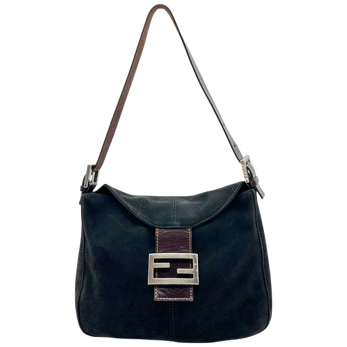 Fendi Black Suede & Brown Leather Trim Square Baguette Bag