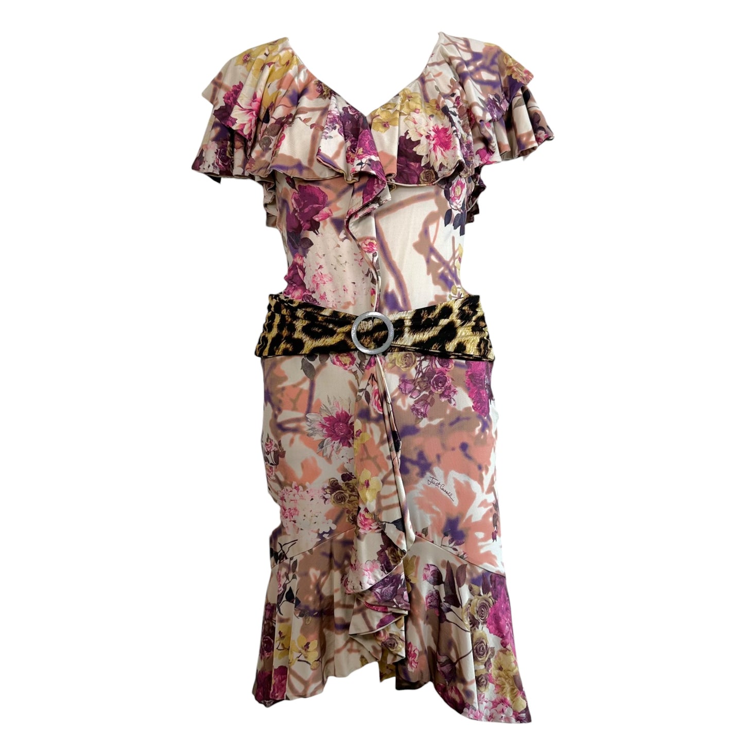 Roberto Cavalli Floral Leopard Print Ruffle Midi Dress