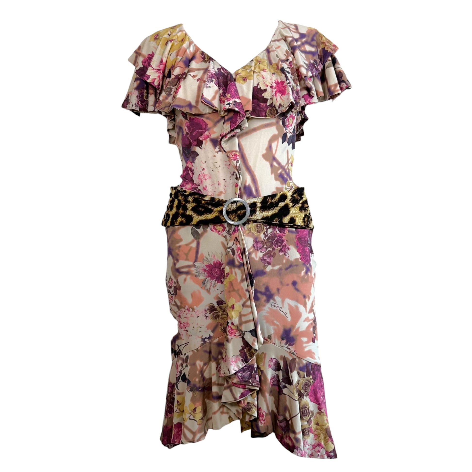 Roberto Cavalli Floral Leopard Print Ruffle Midi Dress