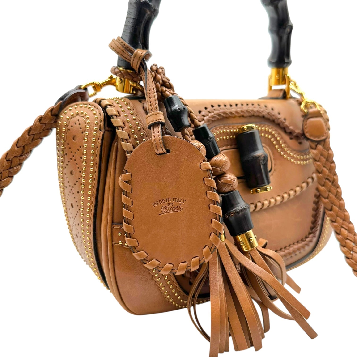 Gucci Brown Leather Whipstitch Fringe 2-Way Bag