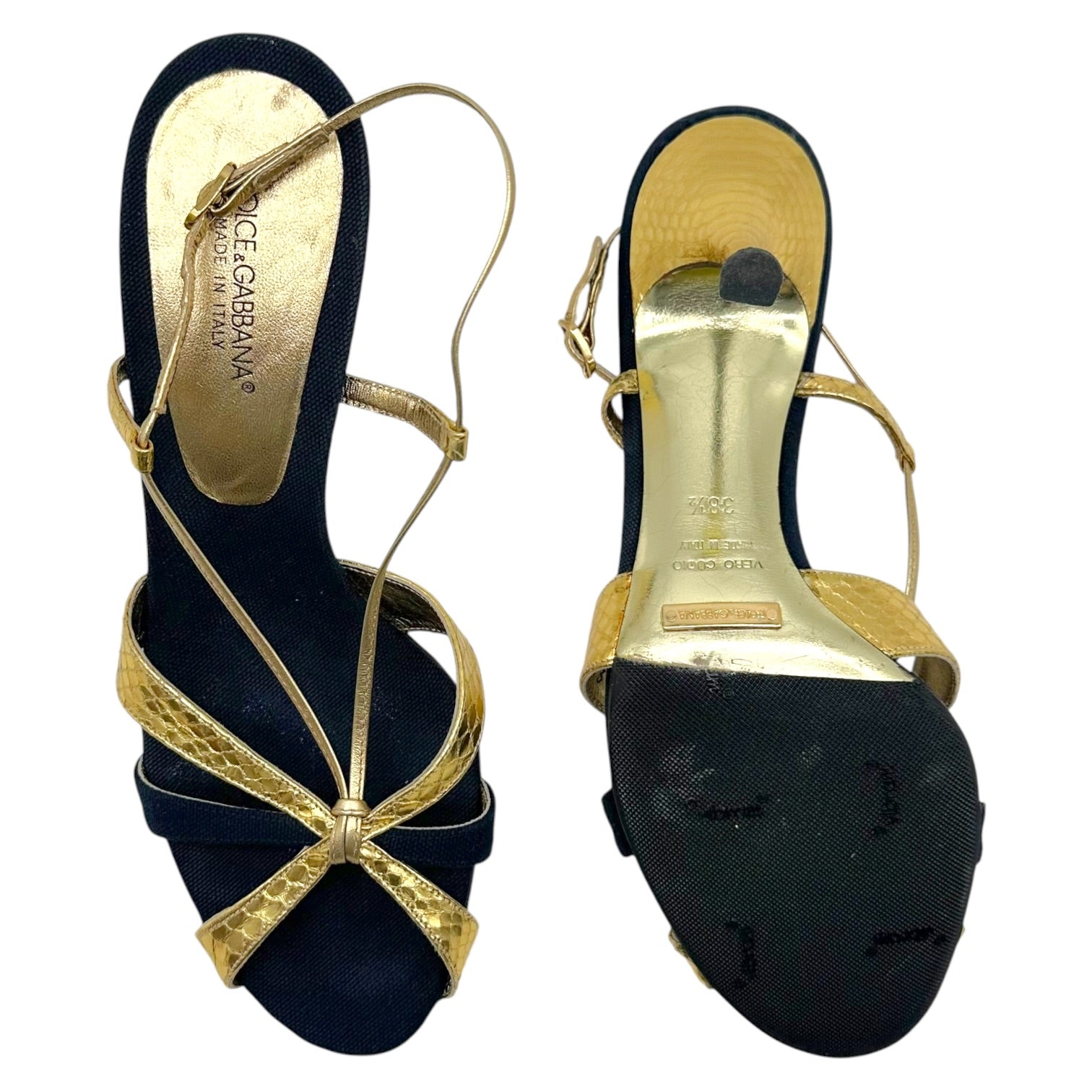 Dolce & Gabbana Dark Wash Denim Gold Python Strappy Heels