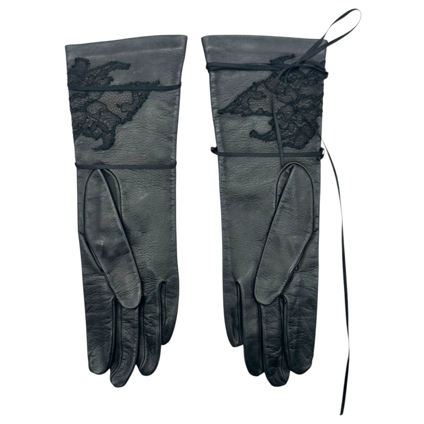 John Galliano Black Lambskin & Lace Lace-Up Gloves